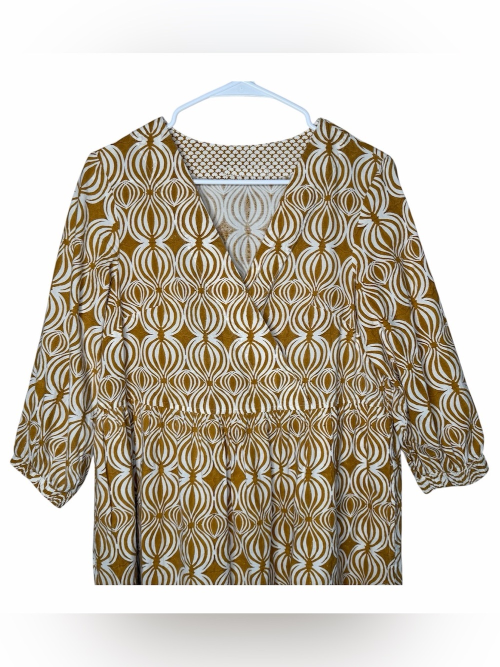 Toast UK Cross Front Yellow Seed Pod Block Print Midi Dress Size Small Cotton - Picture 4 of 11